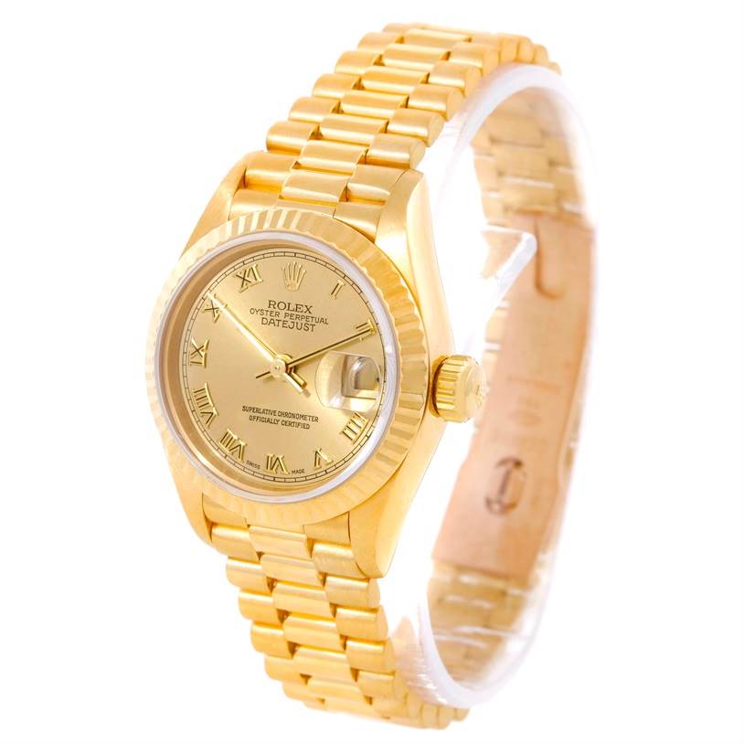The image shows a Rolex President 69178 Women's Yellow Gold Champagne Dial 69178 Women's Yellow Gold Champagne Dial model watch, featuring the dial, bezel, crown, and bracelet at a three-quarter angle.
