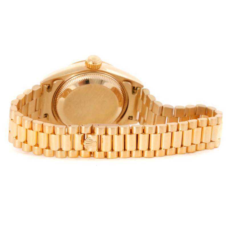 The image shows the back case and bracelet of a Rolex President 69178 Women's Yellow Gold Champagne Dial 69178 Women's Yellow Gold Champagne Dial model watch from a rear angle.