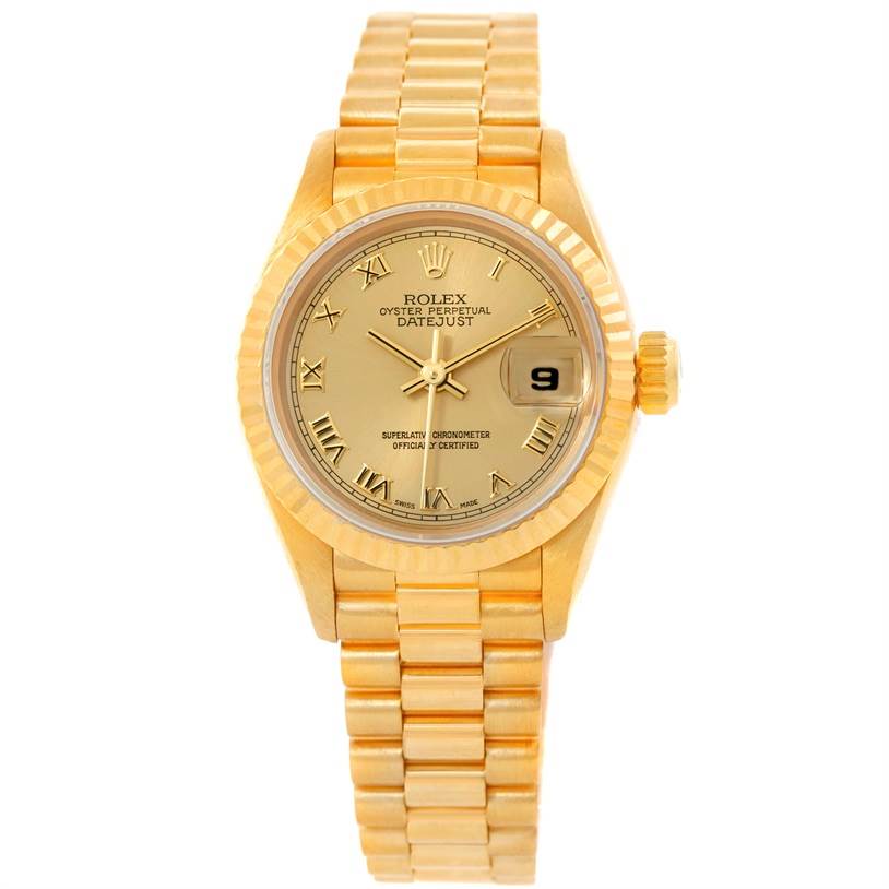 The image shows the front view of a Rolex President 69178 Women's Yellow Gold Champagne Dial 69178 Women's Yellow Gold Champagne Dial model watch, highlighting the face, bezel, and bracelet.