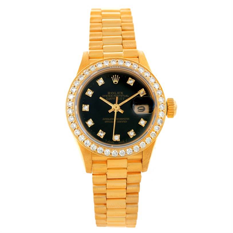 Rolex President Ladies 18k Yellow Gold Diamond Black Dial Watch 69178 ...