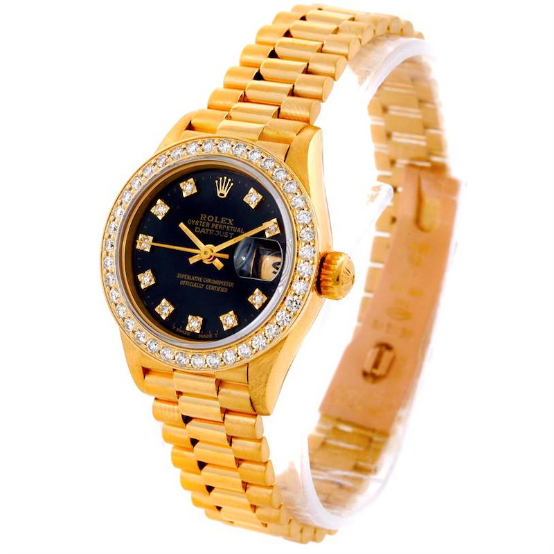 Rolex President Ladies 18k Yellow Gold Diamond Black Dial Watch 69178 SwissWatchExpo