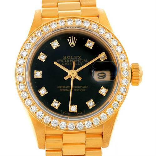 Photo of Rolex President Ladies 18k Yellow Gold Diamond Black Dial Watch 69178