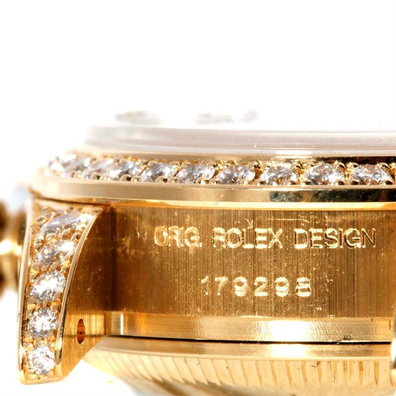 The image shows the side view of the Rolex President 179298 Women's Yellow Gold Silver Dial 179298 Women's Yellow Gold Silver Dial model watch case with diamond accents and the "ORG. ROLEX DESIGN" inscription.