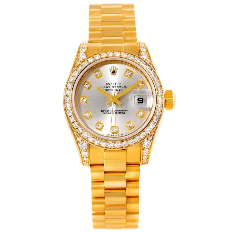 The image shows a front view of a Rolex President 179298 Women's Yellow Gold Silver Dial 179298 Women's Yellow Gold Silver Dial model watch, highlighting its diamond-encrusted bezel, dial, and gold bracelet.