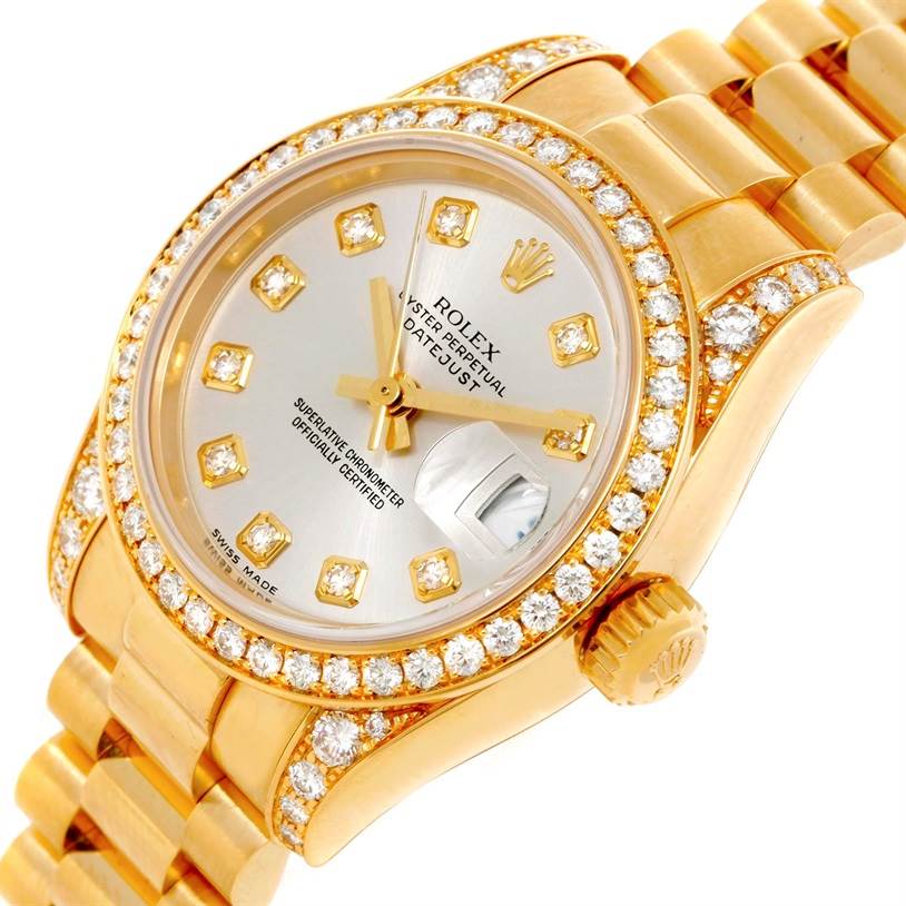 The Rolex President 179298 Women's Yellow Gold Silver Dial 179298 Women's Yellow Gold Silver Dial model watch is shown at an angled close-up, highlighting the bezel, dial, crown, and bracelet.