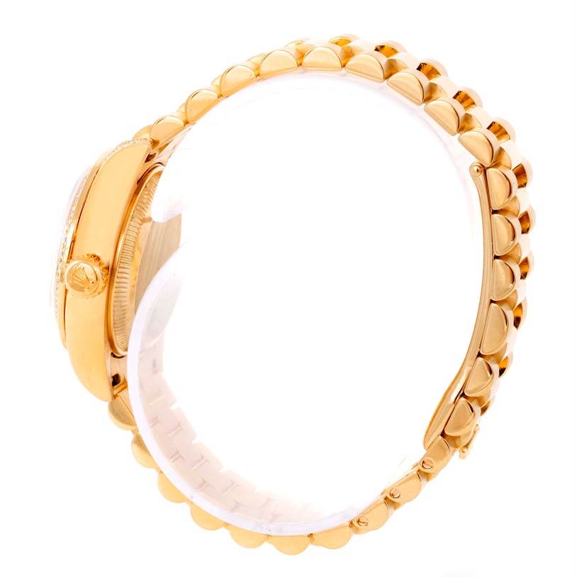 The image shows a side view of a Rolex President 179298 Women's Yellow Gold Silver Dial 179298 Women's Yellow Gold Silver Dial model watch, highlighting the gold case and bracelet.