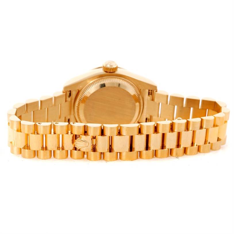 The image shows the back case and bracelet of a Rolex President 179298 Women's Yellow Gold Silver Dial 179298 Women's Yellow Gold Silver Dial model watch.