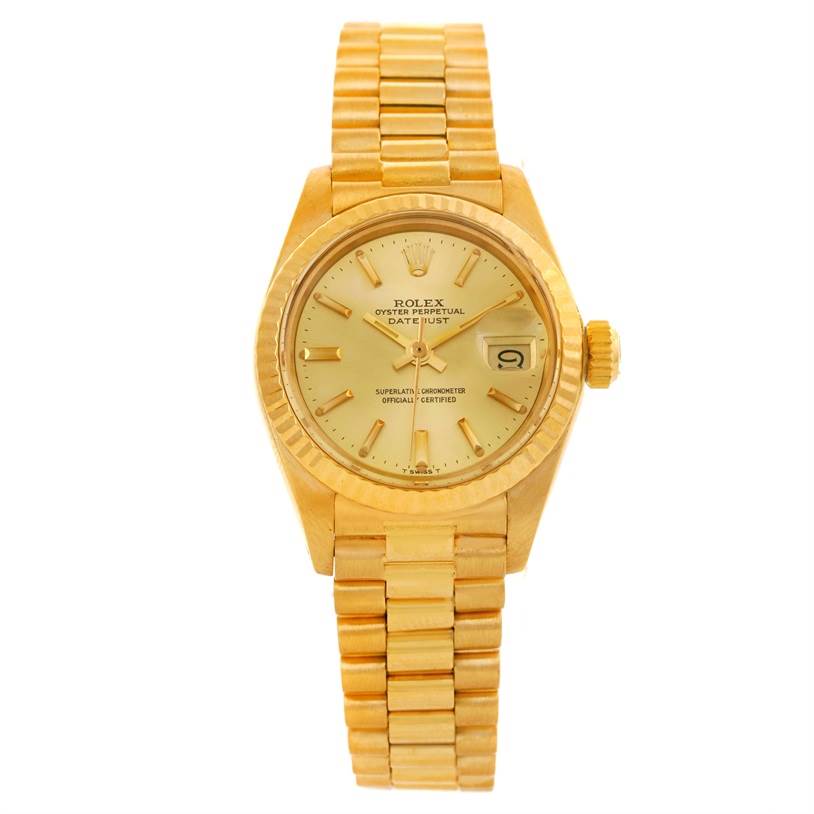 The image shows a front view of a Rolex President 6917 Women's Yellow Gold Champagne Dial 6917 Women's Yellow Gold Champagne Dial model watch, featuring the dial, bezel, crown, and bracelet.