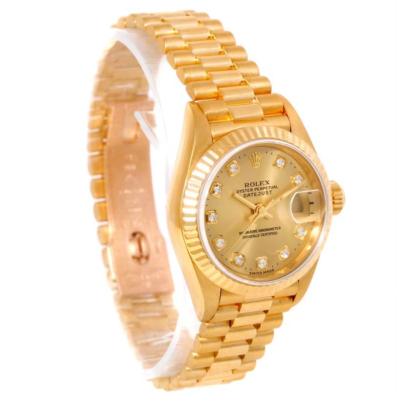The Rolex President 69178 Women's Yellow Gold Champagne Dial 69178 Women's Yellow Gold Champagne Dial model watch is shown at a three-quarter angle, highlighting its gold case, bezel, dial, and bracelet.