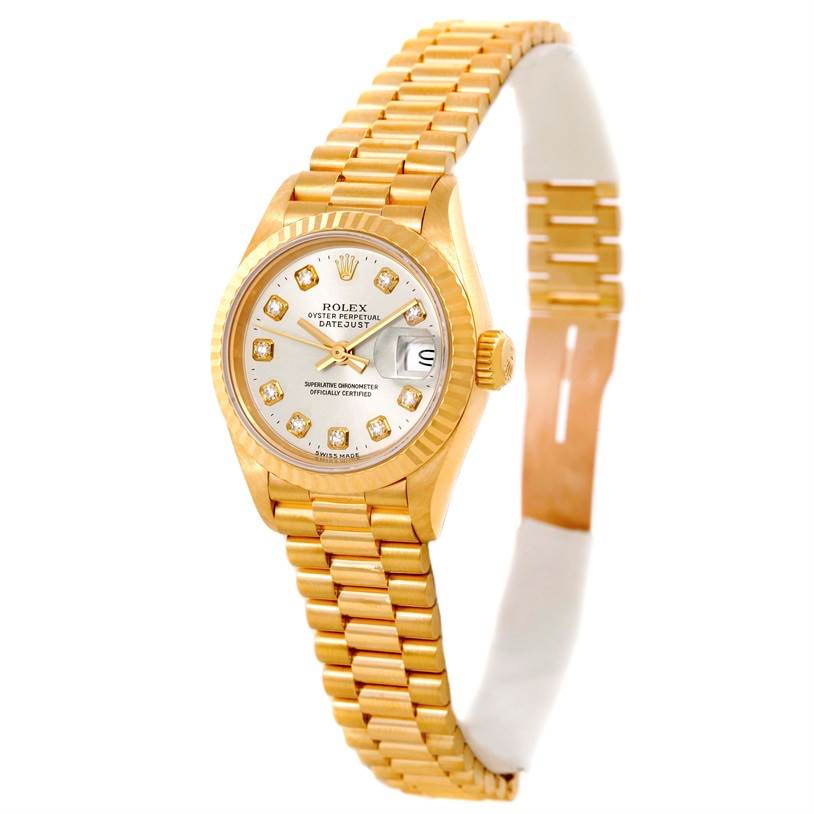 The Rolex President 69178 Women's Yellow Gold Silver Dial 69178 Women's Yellow Gold Silver Dial model watch is shown at a slight angle, displaying the face, bezel, crown, and bracelet.
