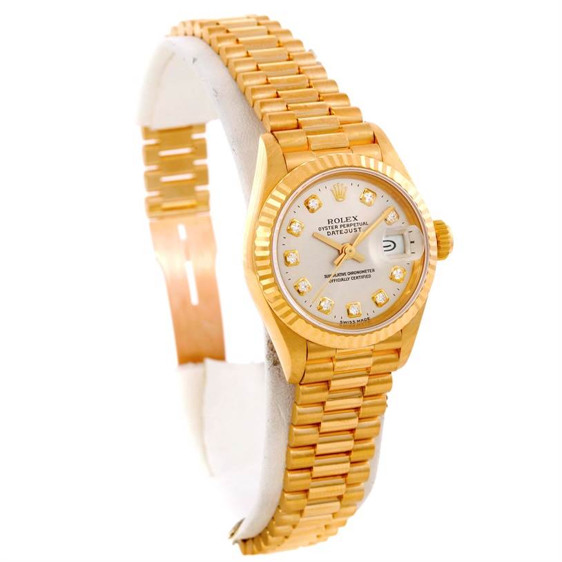 This image shows a side and front view of a Rolex President 69178 Women's Yellow Gold Silver Dial 69178 Women's Yellow Gold Silver Dial model watch, displaying its face, bezel, crown, and bracelet.