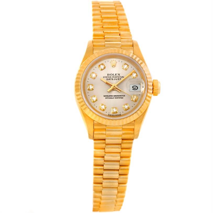 The image shows a Rolex President 69178 Women's Yellow Gold Silver Dial 69178 Women's Yellow Gold Silver Dial watch model from a frontal angle, displaying its face, bezel, band, and crown.