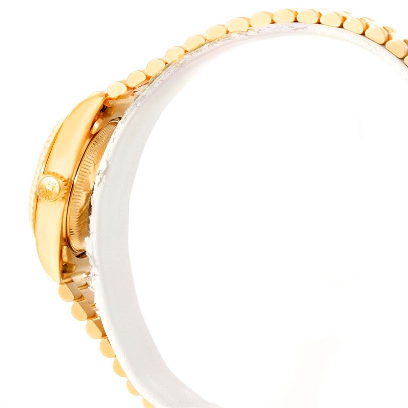 The image shows a side view of the gold case and bracelet of the Rolex President 69178 Women's Yellow Gold Silver Dial 69178 Women's Yellow Gold Silver Dial model watch.