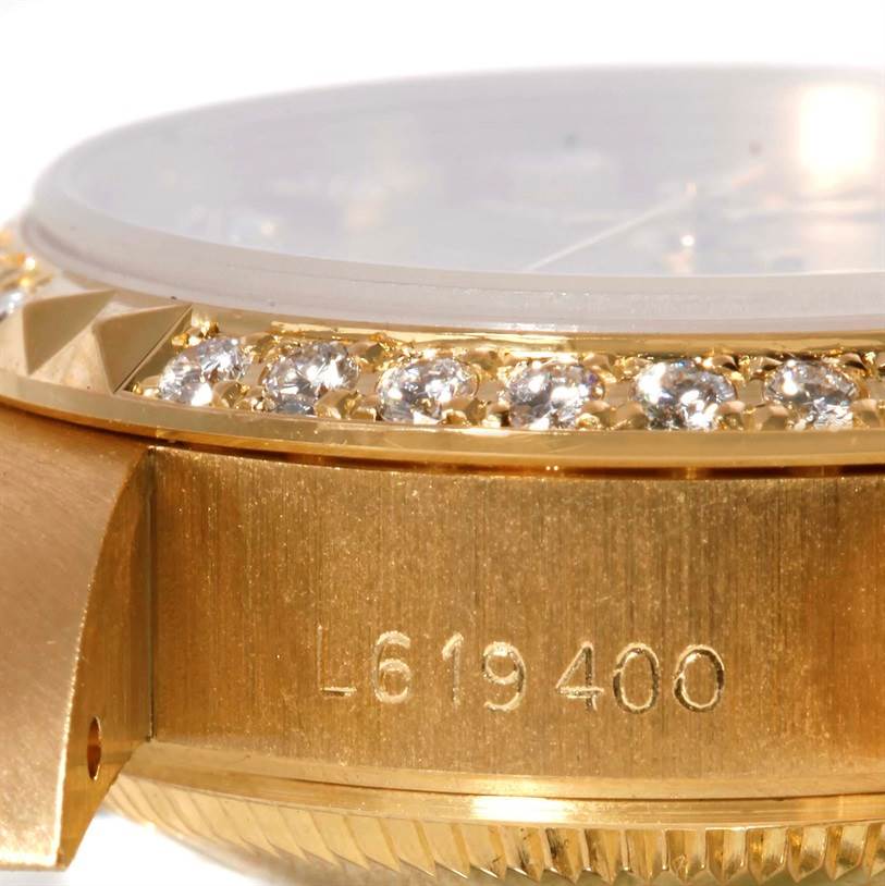 The image shows a close-up side angle of the case and bezel of a Rolex President 69268 Women's Yellow Gold Champagne Dial 69268 Women's Yellow Gold Champagne Dial model watch.