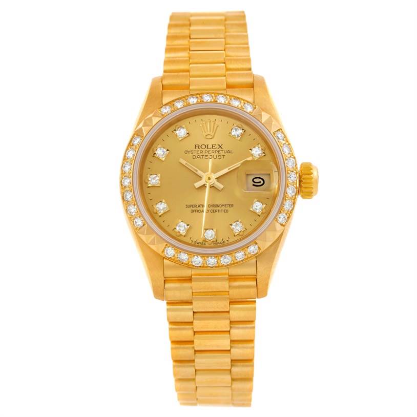 The Rolex President 69268 Women's Yellow Gold Champagne Dial 69268 Women's Yellow Gold Champagne Dial model watch is shown from the front, displaying its gold case, diamond bezel, bracelet, and dial with date indicator.