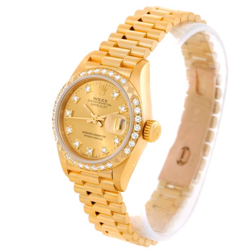 The Rolex President 69268 Women's Yellow Gold Champagne Dial 69268 Women's Yellow Gold Champagne Dial model watch is displayed at an angled front view, showcasing its golden dial, bezel, crown, and bracelet.