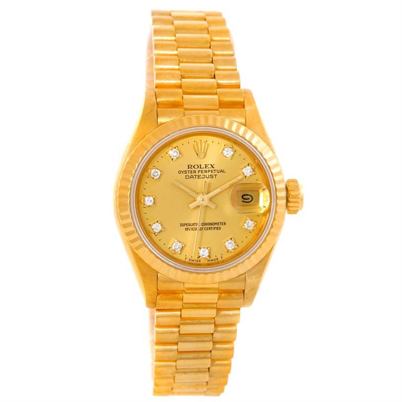 The Rolex President 69178 Women's Yellow Gold Champagne Dial 69178 Women's Yellow Gold Champagne Dial model watch is shown from a top view, displaying its gold case, bracelet, and date window.