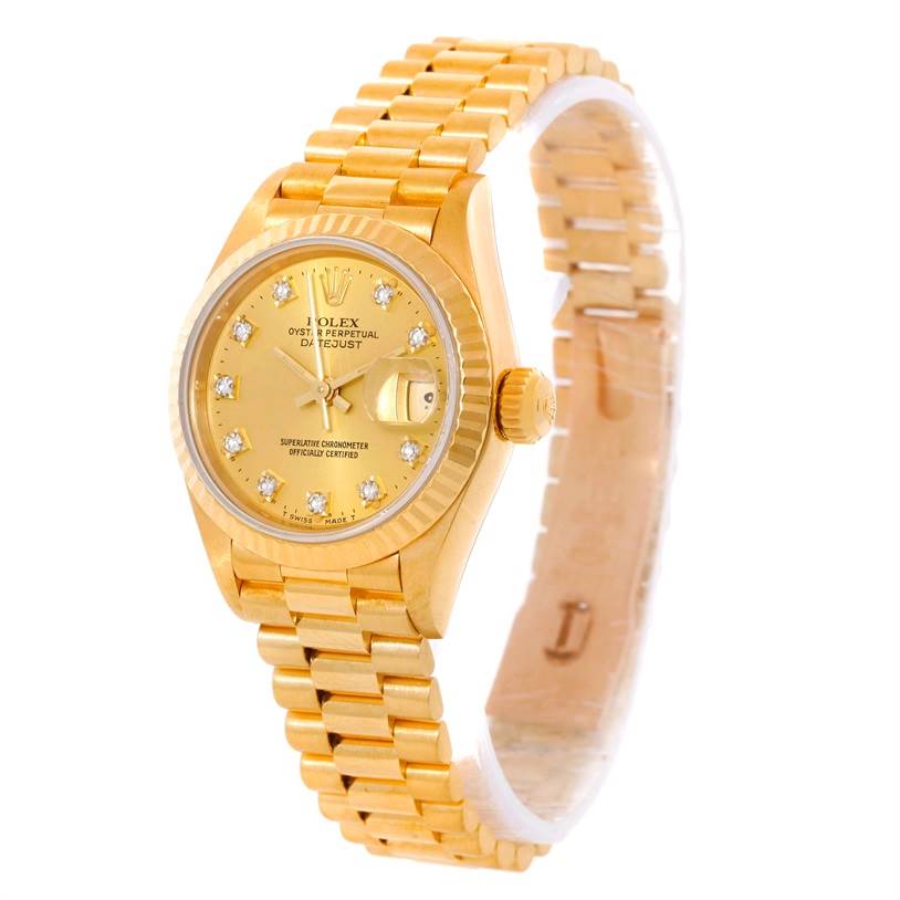 The image shows a Rolex President 69178 Women's Yellow Gold Champagne Dial 69178 Women's Yellow Gold Champagne Dial model watch angled to display its face, bezel, crown, and gold link bracelet.