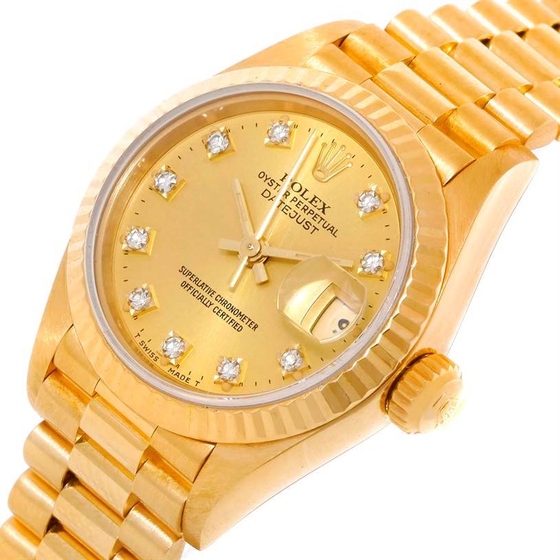 The image shows a close-up view of the Rolex President 69178 Women's Yellow Gold Champagne Dial 69178 Women's Yellow Gold Champagne Dial model, highlighting its gold dial, bracelet, and diamond hour markers.