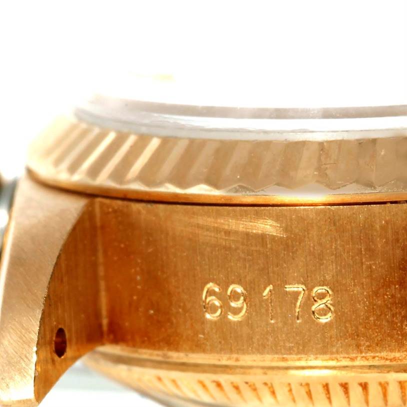 This is a close-up side view of a Rolex President 69178 Women's Yellow Gold Champagne Dial 69178 Women's Yellow Gold Champagne Dial model watch, showing the watch case and part of the bezel, with model number 69178 visible.