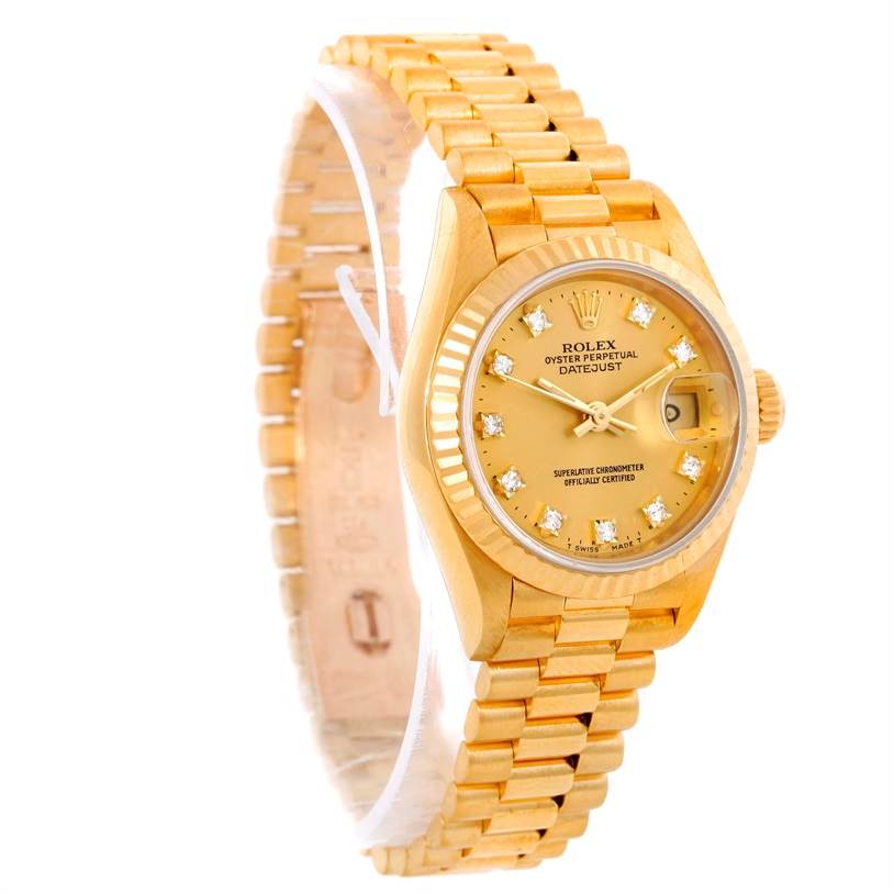 The image shows a side and front view of the Rolex President 69178 Women's Yellow Gold Champagne Dial 69178 Women's Yellow Gold Champagne Dial model watch, highlighting its band, bezel, and dial.