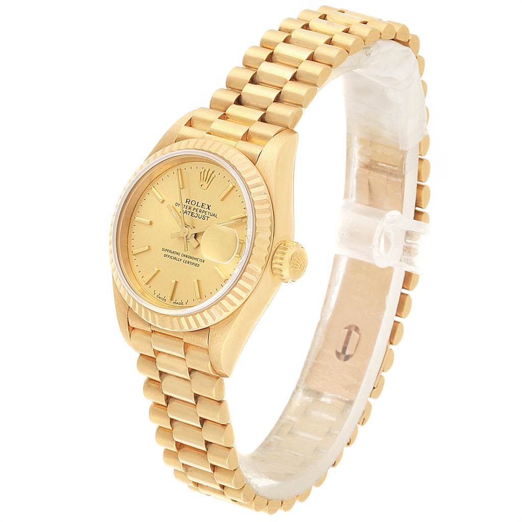 The Rolex President 69178 Women
s Yellow Gold Champagne Dial 69178 Women
s Yellow Gold Champagne Dial model watch is shown from a three-quarter angle, highlighting the face, bezel, crown, and bracelet.