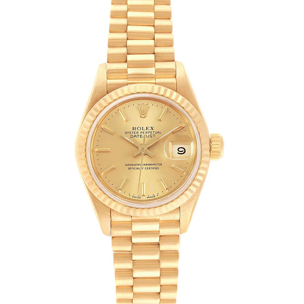 This is a front view of a Rolex President 69178 Women
s Yellow Gold Champagne Dial 69178 Women
s Yellow Gold Champagne Dial model watch featuring its dial, fluted bezel, and bracelet.