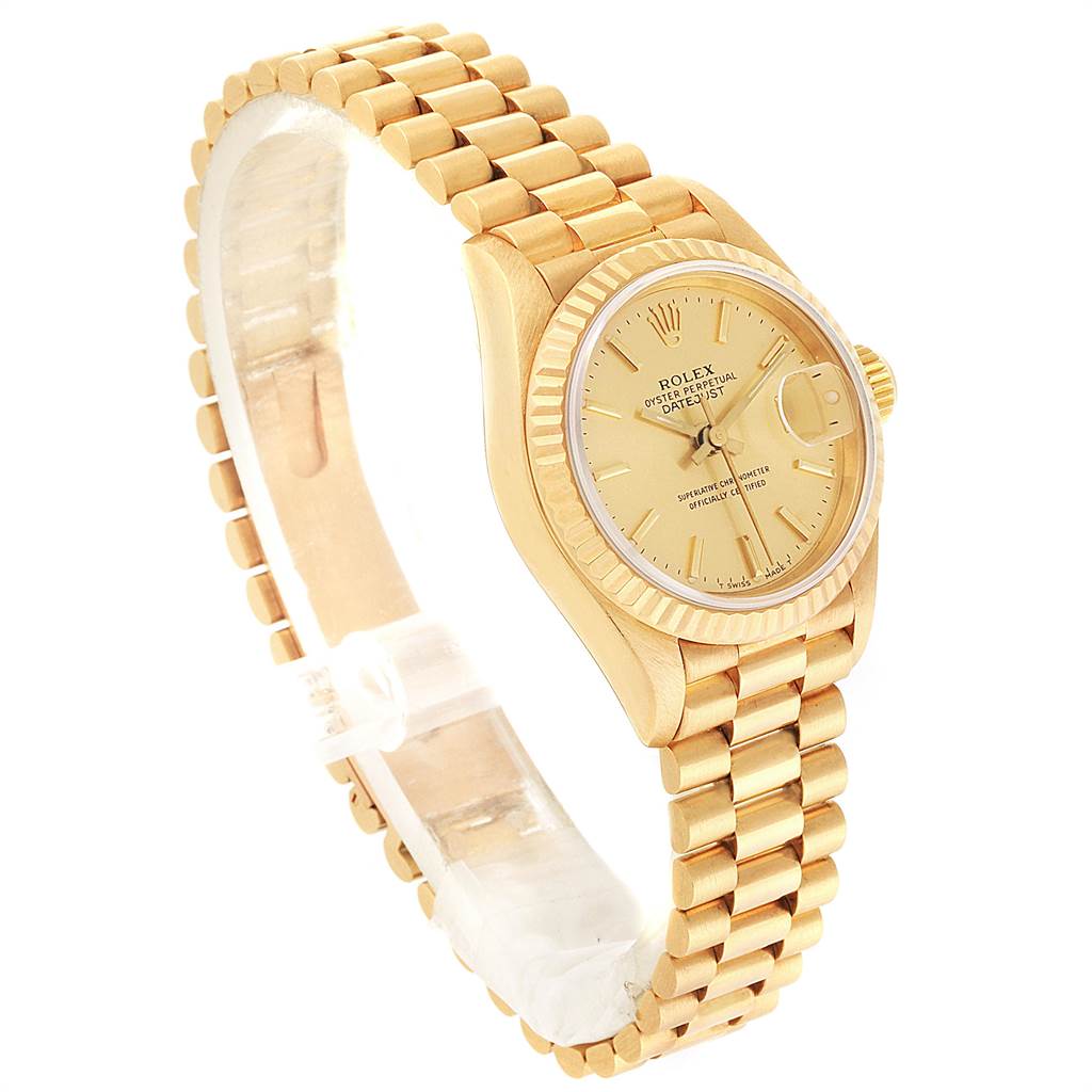 The image shows a Rolex President 69178 Women
s Yellow Gold Champagne Dial 69178 Women
s Yellow Gold Champagne Dial model watch angled to display the face, bezel, and bracelet.