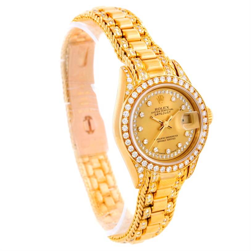 The image shows a Rolex President 69238 Women's Yellow Gold Champagne Dial 69238 Women's Yellow Gold Champagne Dial model watch at a slight angle, highlighting the face, bezel, and band.