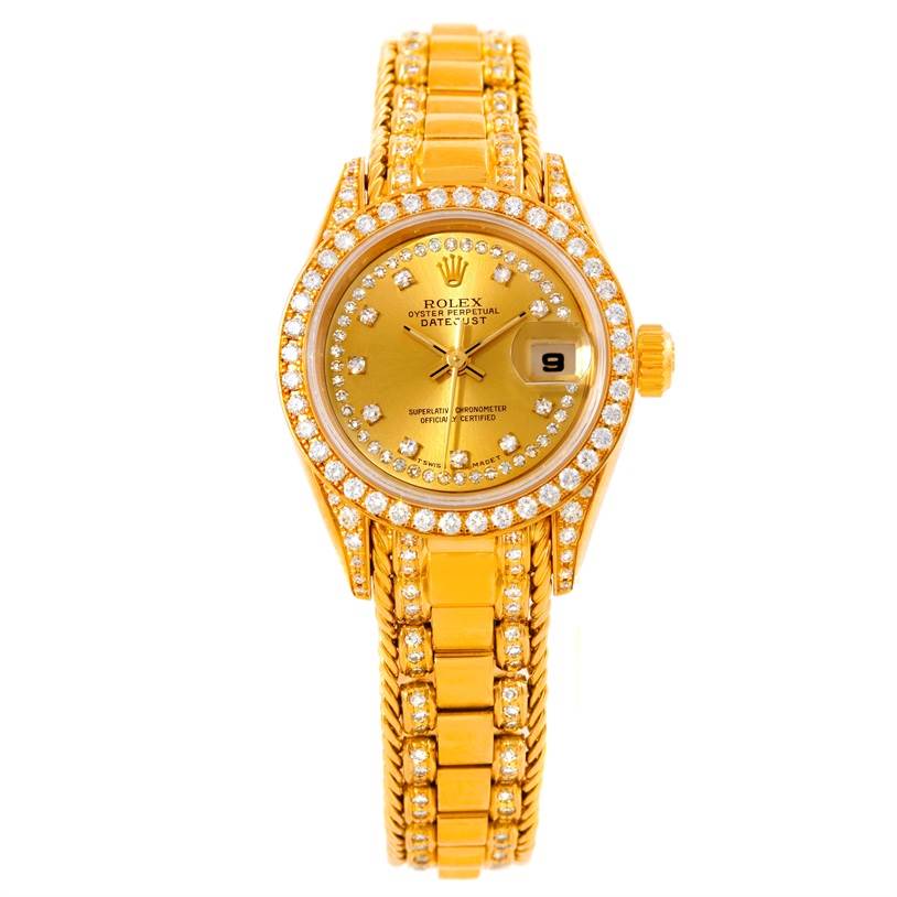 The image shows a front view of a Rolex President 69238 Women's Yellow Gold Champagne Dial 69238 Women's Yellow Gold Champagne Dial model watch, highlighting its diamond-studded bezel, dial, and bracelet.