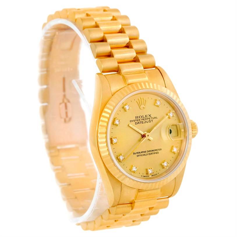 The image shows a Rolex President 68278 Women's Yellow Gold Champagne Dial 68278 Women's Yellow Gold Champagne Dial model watch from a front-left angle displaying its face, bracelet, and crown.