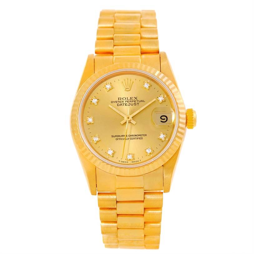 This image shows a front view of the Rolex President 68278 Women's Yellow Gold Champagne Dial 68278 Women's Yellow Gold Champagne Dial model watch, showcasing the dial, bezel, case, and bracelet.
