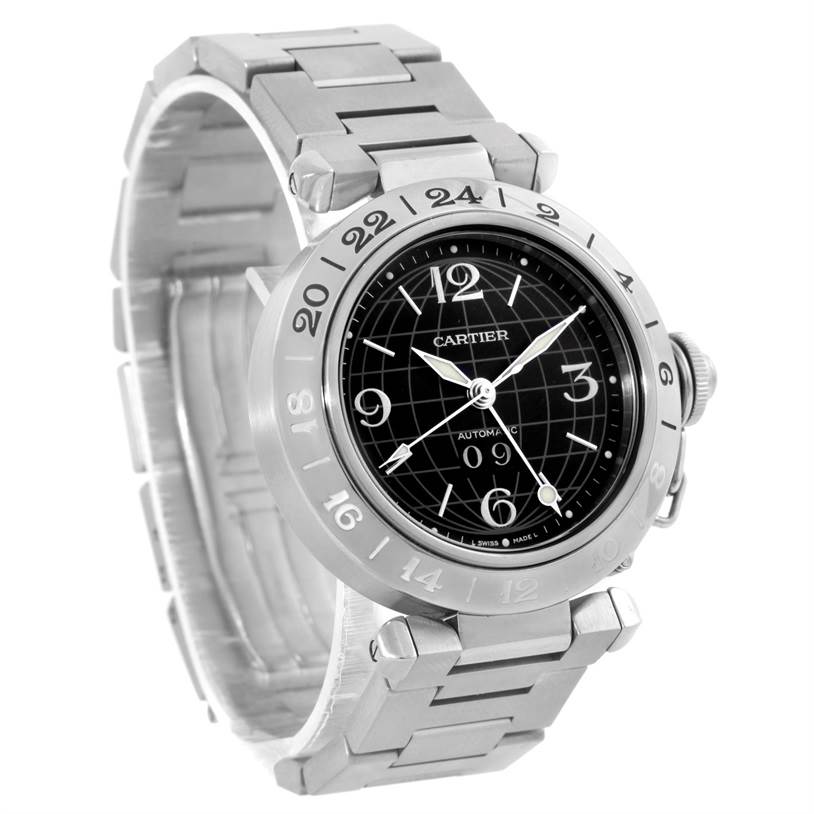 This image shows a Cartier Pasha W31049M7 Men's Stainless Steel Black Dial W31049M7 Men's Stainless Steel Black Dial watch from a three-quarter angle, highlighting its face, bezel, bracelet, and crown.