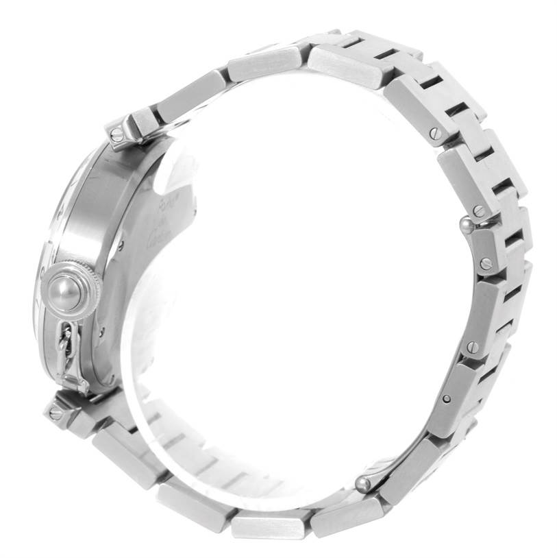 The image shows a side view of the band and case of a Cartier Pasha W31049M7 Men's Stainless Steel Black Dial W31049M7 Men's Stainless Steel Black Dial watch.