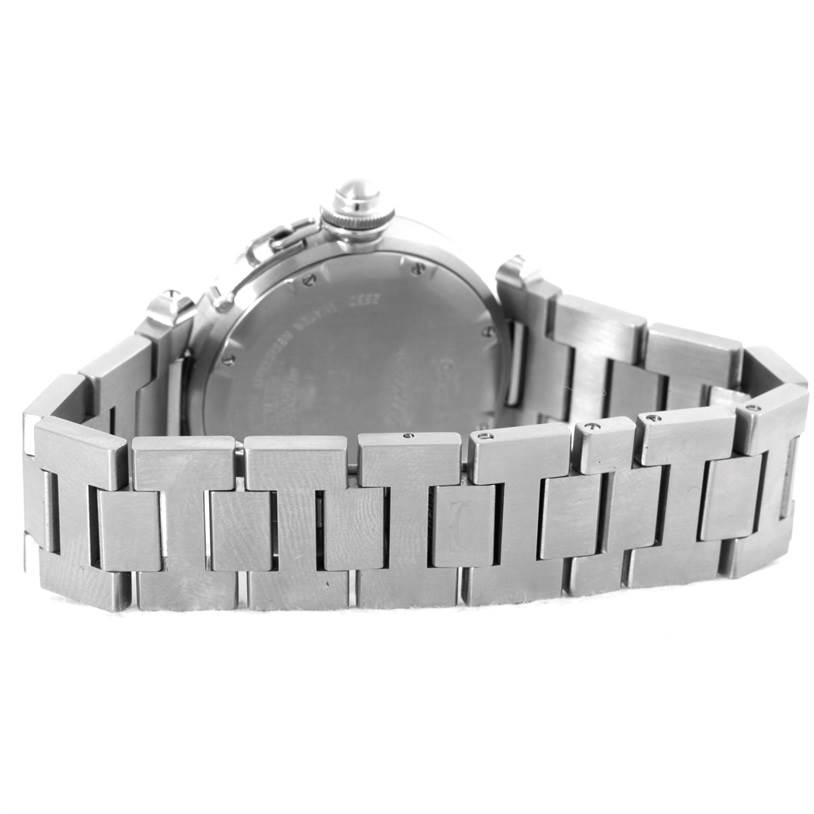 The image shows the back of the Cartier Pasha W31049M7 Men's Stainless Steel Black Dial W31049M7 Men's Stainless Steel Black Dial model watch, highlighting the case back and metal bracelet.