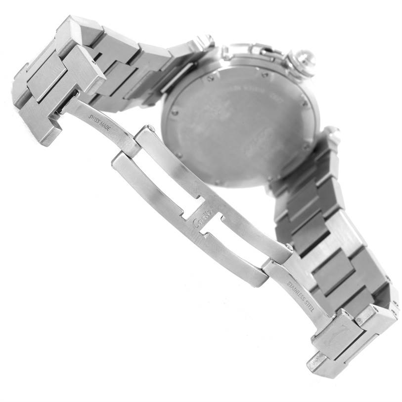 This image shows the back case and bracelet of the Cartier Pasha W31049M7 Men's Stainless Steel Black Dial W31049M7 Men's Stainless Steel Black Dial watch, highlighting the clasp mechanism.