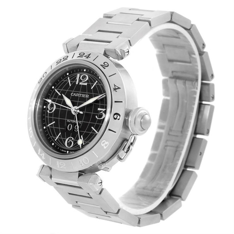 Cartier Pasha C GMT Black Dial Mens Steel Watch W31049M7 SwissWatchExpo
