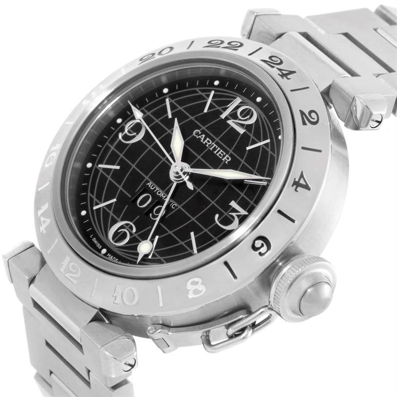 The Cartier Pasha W31049M7 Men's Stainless Steel Black Dial W31049M7 Men's Stainless Steel Black Dial watch is shown at a three-quarter angle, highlighting the dial, bezel, crown, and bracelet.