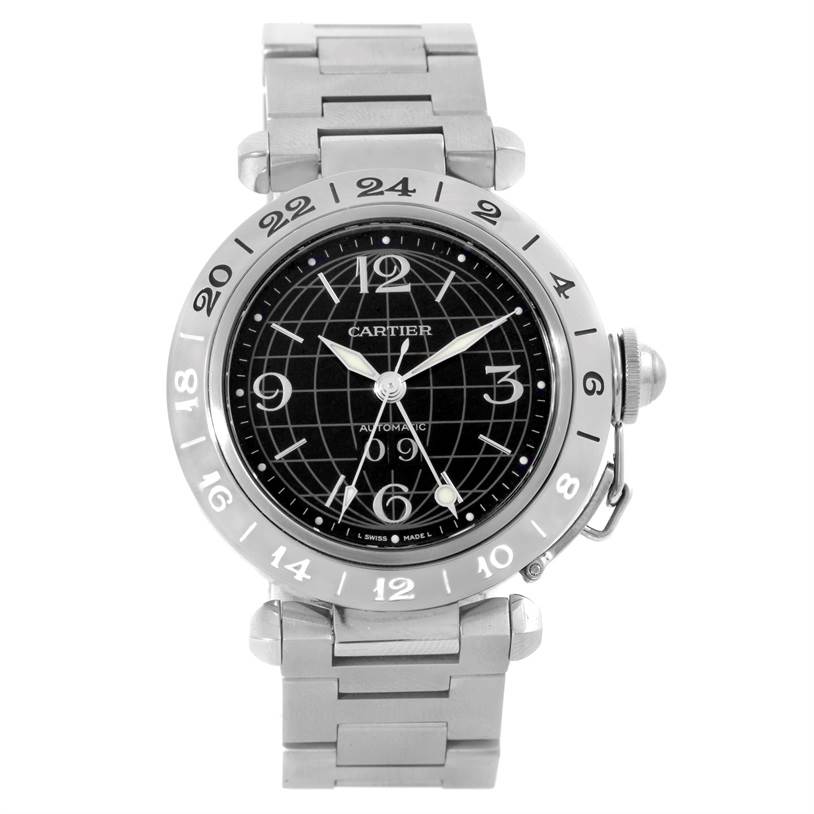 This image shows a frontal view of a Cartier Pasha W31049M7 Men's Stainless Steel Black Dial W31049M7 Men's Stainless Steel Black Dial watch, highlighting its dial, bezel, and bracelet.