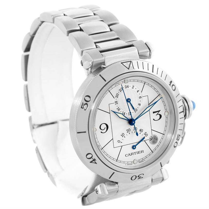 The Cartier Pasha W31037H3 Men
s Stainless Steel Silver Dial W31037H3 Men
s Stainless Steel Silver Dial model watch shown is angled to display the face, bezel, and part of the metal bracelet.
