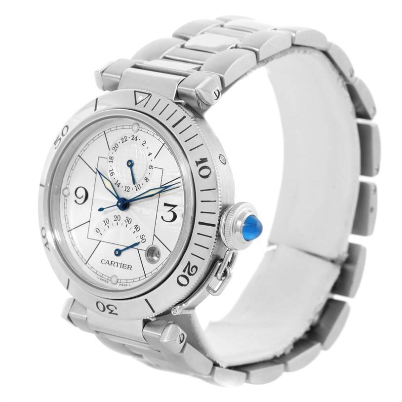 This image shows a side and front angle view of a Pasha model watch by Cartier, highlighting the dial, bezel, and bracelet.