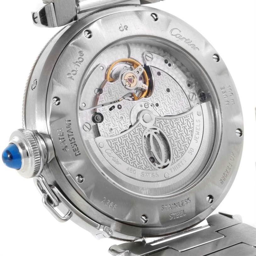 This image shows the back view of the Cartier Pasha W31037H3 Men
s Stainless Steel Silver Dial W31037H3 Men
s Stainless Steel Silver Dial watch, revealing its movement and intricate internal mechanisms.