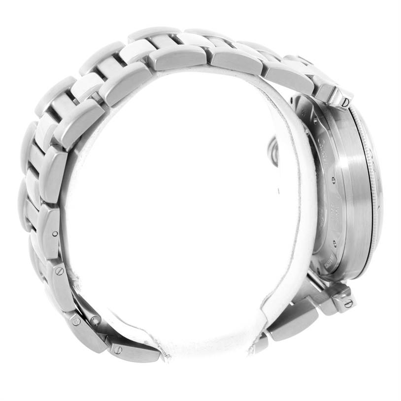 The image shows a Cartier Pasha W31037H3 Men
s Stainless Steel Silver Dial W31037H3 Men
s Stainless Steel Silver Dial model watch from the side, focusing on the bracelet and case back.
