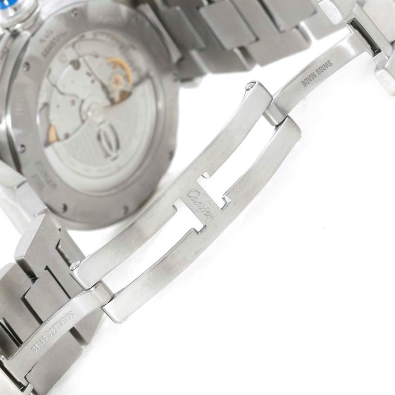 The image shows the back and clasp of the Cartier Pasha W31037H3 Men
s Stainless Steel Silver Dial W31037H3 Men
s Stainless Steel Silver Dial watch, highlighting its mechanical movement and stainless steel bracelet.