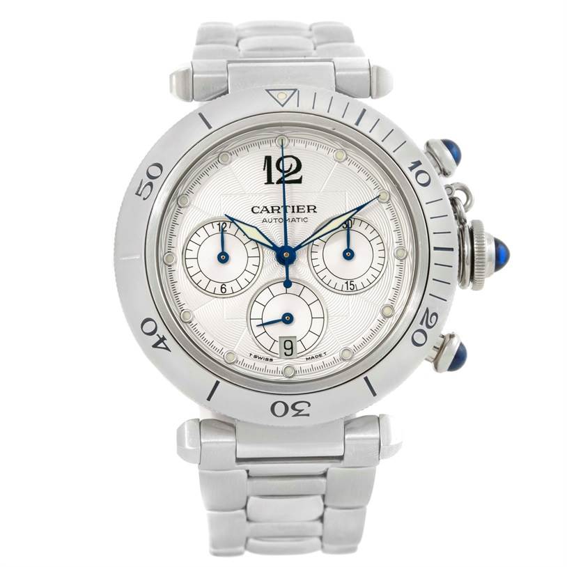 This image shows a Cartier Pasha W31030H3 Men
s Stainless Steel Silver Dial W31030H3 Men
s Stainless Steel Silver Dial model watch from a front angle displaying its face, bezel, and metal bracelet.