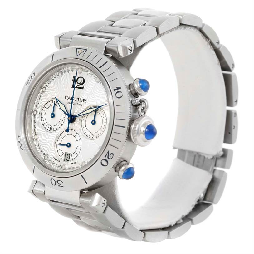 This image shows a Cartier Pasha W31030H3 Men
s Stainless Steel Silver Dial W31030H3 Men
s Stainless Steel Silver Dial watch from a three-quarter angle, highlighting the face, bezel, buttons, and metal bracelet.