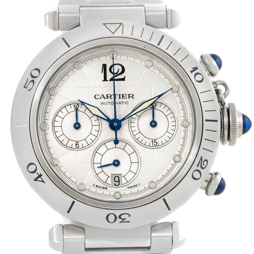 This Cartier Pasha W31030H3 Men
s Stainless Steel Silver Dial W31030H3 Men
s Stainless Steel Silver Dial watch is shown from the front, displaying its face, bezel, and chronograph dials.