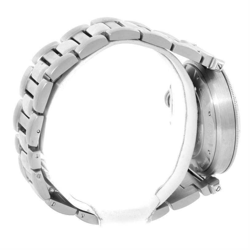 The image shows the side view of a Cartier Pasha W31030H3 Men
s Stainless Steel Silver Dial W31030H3 Men
s Stainless Steel Silver Dial watch, highlighting its bracelet and case back.