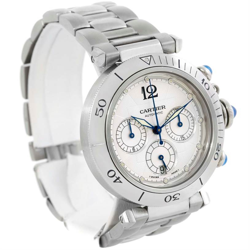This image shows a side angle of a Cartier Pasha W31030H3 Men
s Stainless Steel Silver Dial W31030H3 Men
s Stainless Steel Silver Dial watch, highlighting the face, case, and bracelet.