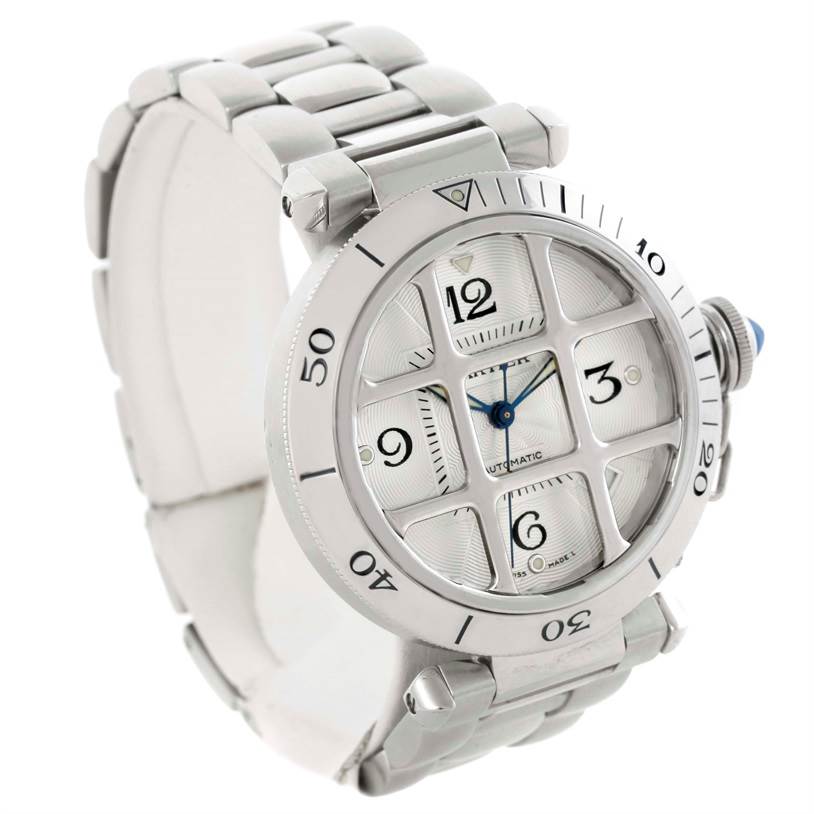 The image shows a Cartier Pasha W31059H3 Men
s Stainless Steel Silver Dial W31059H3 Men
s Stainless Steel Silver Dial watch at a three-quarter angle, highlighting its face, bezel, and bracelet.